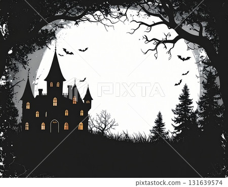 Night forest, black castle and bats, horror night, Halloween background Night forest, black castle and bats, horror night, Halloween background 131639574