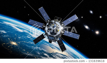 Communication satellite orbiting earth with multiple galaxies in background, representing global network technology for telecommunication data transmission and internet broadband service Communication satellite orbiting earth with multiple galaxies in background, representing global network technology for telecommunication data transmission and internet broadband service 131639618
