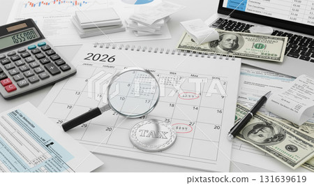 Tax Day Deadline Concept with 2026 year calendar, US dollar bills, calculator, and financial documents for annual tax payment and return filing Tax Day Deadline Concept with 2026 year calendar, US dollar bills, calculator, and financial documents for annual tax payment and return filing 131639619