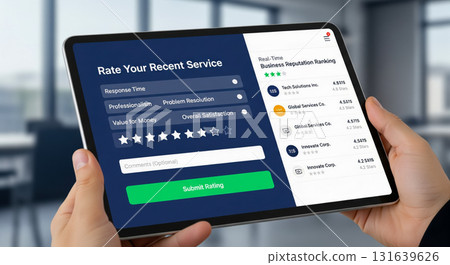 Customer Feedback Concept with person holding tablet to rate recent service, giving five star review for positive experience and overall client satisfaction online 131639626