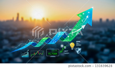 Financial Growth Concept with abstract rising arrow graph and candlestick chart over blurred city background at sunset, representing investment success and stock market 131639628
