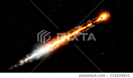 Meteor Collision Overlay showing burning asteroid breaking up in space with explosions and fire trail against starry sky background for easy composition Meteor Collision Overlay showing burning asteroid breaking up in space with explosions and fire trail against starry sky background for easy composition 131639631