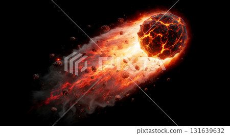 Apocalyptic Asteroid Impact Concept featuring large burning meteorite with massive fire tail and debris, isolated on black background for easy overlay and composition 131639632