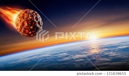 Asteroid Threat Concept showing large meteorite with fire tail on collision course with planet earth, entering atmosphere from deep space with stars background 131639633