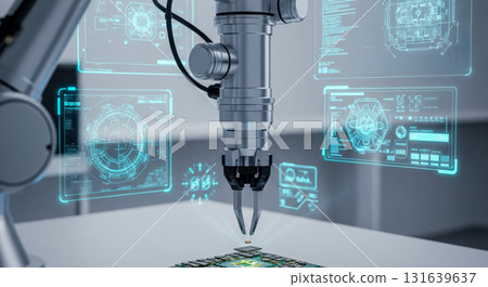 Robotic arm manufacturing microchip in futuristic factory, automation technology concept with robot working on computer processor with holographic data display for industry 131639637