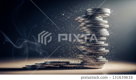 Stack of silver coins disintegrating into dust with smoke, financial crisis and inflation concept showing money losing its value and purchasing power 131639638