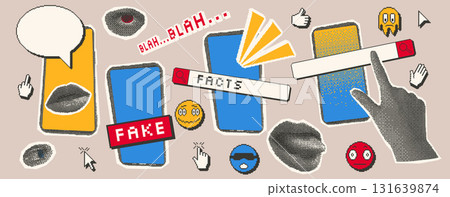 Fake news halftone elements set. Hand, eye, mouth with phones and 8 bits faces. Collage with pixel art and magazine cutouts. Retro icons collection. Vector stickers isolated on beige background Fake news halftone elements set. Hand, eye, mouth with phones and 8 bits faces. Collage with pixel art and magazine cutouts. Retro icons collection. Vector stickers isolated on beige background 131639874