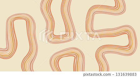 Groovy rainbow warm lines background. Wavy stripes vintage orange colors cover. Playful squiggle wave arch wall design. Vector retro beige wiggle ornament 131639883