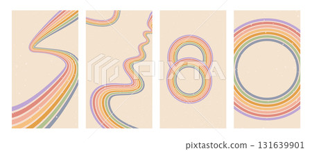 Groovy rainbow arch lines and round element backgrounds set. Wavy arc stripes vintage colors covers for social media collection. Playful wave arch wall. Vector retro beige wiggle decoration ornament 131639901