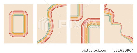 Groovy rainbow arch lines and frame backgrounds set. Wavy stripes vintage colors covers collection. Playful wave wall designs. Vector retro beige wiggle decoration ornament. Vertical covers 131639904