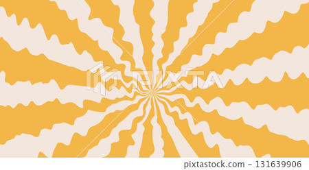 Groovy rough starburst background. Retro spiral yellow sun rays abstract distressed illustration. Vector wavy retro decoration. Radial carnival stripes vintage backdrop 131639906