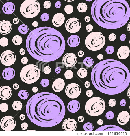 Polka dots purple, white and black seamless pattern. Chalk kids endless background. Naive simple violet dot ornament repeat cover. Surface pattern scribbles motif. Vector hand drawn illustration 131639913