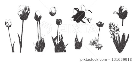 Photocopy effect flowers collage set. Tulips, primula and narcissus collection. Cutout floral elements for mixed media. Pieces of retro magazine wildflowers. Vector retro illustration isolated 131639918