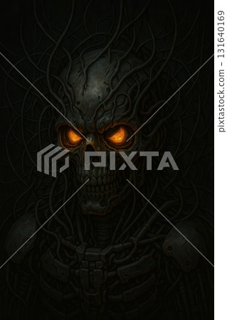 Cybernetic Skull with Glowing Eyes and Wires 131640169