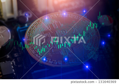 Modern way of exchange. Bitcoin is convenient payment in global economy market. Virtual digital currency and financial investment trade concept. Abstract cryptocurrency with gold bitcoin background. 131640369