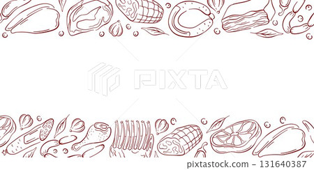 Border frame in line art style with various meats, steak, sausage, ribs, herds, pepper and garlic. Ideal for culinary design, package or butcher restaurant branding. Border frame in line art style with various meats, steak, sausage, ribs, herds, pepper and garlic. Ideal for culinary design, package or butcher restaurant branding. 131640387