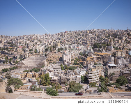 [Jordan] Roman Theater and stone streets seen from Amman Citadel in downtown Amman 131640424
