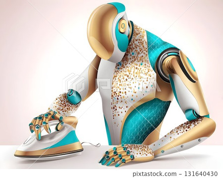 Household robot works with clothes iron, combining sleek chrome design and advanced technology within minimalist interior setting, representing future of domestic automation and artificial Household robot works with clothes iron, combining sleek chrome design and advanced technology within minimalist interior setting, representing future of domestic automation and artificial 131640430