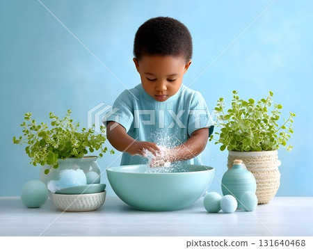 Child carefully washing hands with soap under running water, promoting personal hygiene and cleanliness in bright, sanitized bathroom environment Child carefully washing hands with soap under running water, promoting personal hygiene and cleanliness in bright, sanitized bathroom environment 131640468