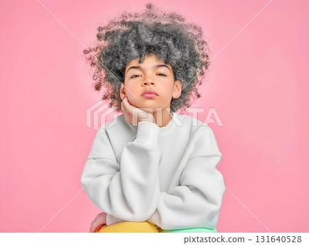 Close-up portrait of a boy with messy brown hair and captivating sad brown eyes conveying a sense of sadness and loneliness, disappointment and sorrow, against a minimalist pink backdrop 131640528