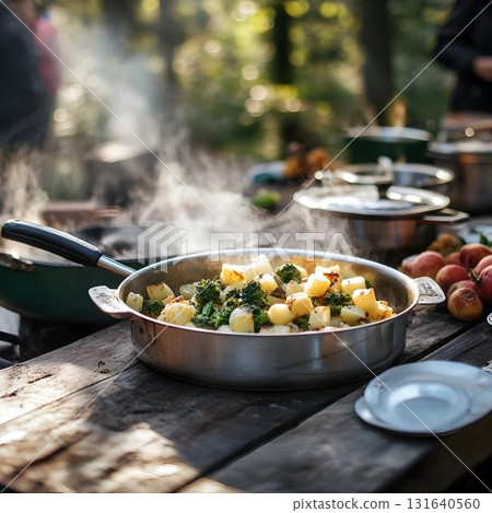 Sizzling potatoes, broccoli steaming in rustic skillet, wooden outdoor surface with scattered fresh produce nearby 131640560