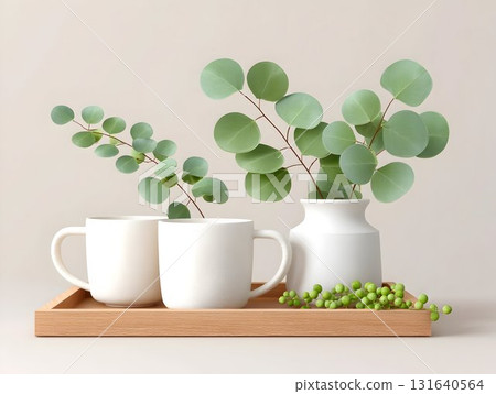 bouquet of green plants and branches with leaves in white mugs and glasses on white background isolated, for stylish kitchen interior design bouquet of green plants and branches with leaves in white mugs and glasses on white background isolated, for stylish kitchen interior design 131640564
