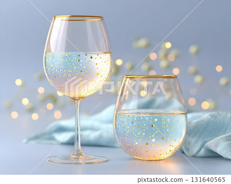 Elegant wine glasses reflecting rainbow hues, liquid-filled vessels gleaming with colorful light, creating a dreamy and surreal atmosphere and visual fluorescent effect Elegant wine glasses reflecting rainbow hues, liquid-filled vessels gleaming with colorful light, creating a dreamy and surreal atmosphere and visual fluorescent effect 131640565