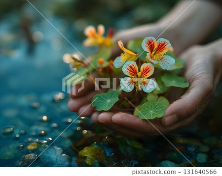 Gentle hands holding colorful wildflower bunch against the background of the water of a river or pond , soft petals, representing ecological care and natural beauty preservation Gentle hands holding colorful wildflower bunch against the background of the water of a river or pond , soft petals, representing ecological care and natural beauty preservation 131640566