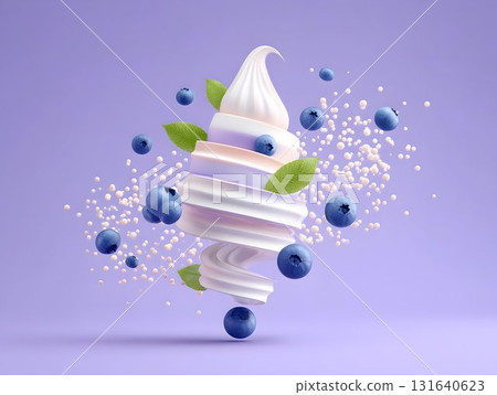 Blueberry ice cream explosion in waffle cone, milk dessert tarnodo, icecream melting and spilling, copy space. Minimalistic, creative, summer design for advertising. A ball of melted ice cream. Blueberry ice cream explosion in waffle cone, milk dessert tarnodo, icecream melting and spilling, copy space. Minimalistic, creative, summer design for advertising. A ball of melted ice cream. 131640623