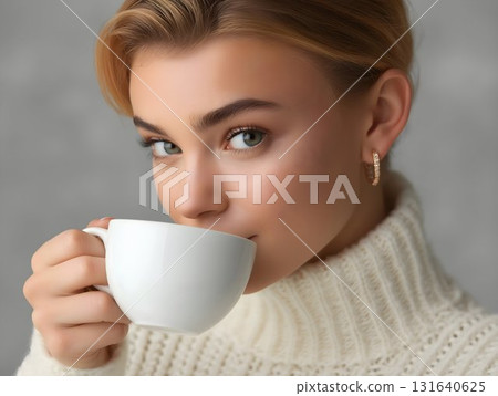 Female professional in soft white turtleneck, gold hoop earrings, holding white mug, enjoying warm beverage near neutral gray wall, embodying comfortable winter aesthetic Female professional in soft white turtleneck, gold hoop earrings, holding white mug, enjoying warm beverage near neutral gray wall, embodying comfortable winter aesthetic 131640625