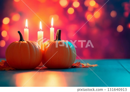 Candle lit Halloween pumpkins glowing in vibrant colors with empty space for festive greetings 131640913