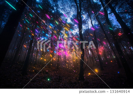 Magical forest illuminated by vibrant multicolored shooting stars at twilight 131640914