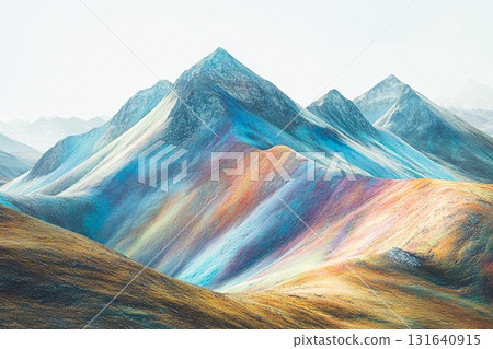 Mountains glow with holographic textures under soft light, showcasing a surreal natural landscape 131640915