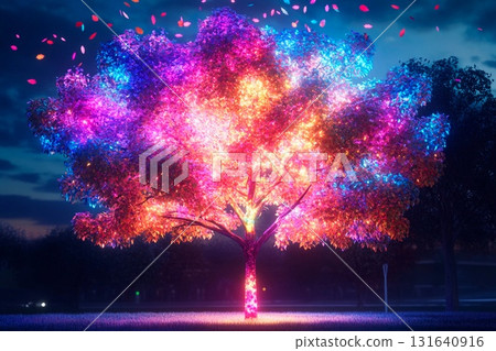 Glowing multicolored tree with leaves that defy gravity in a night landscape bathed in vibrant light 131640916