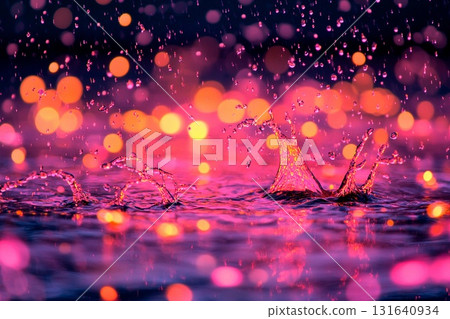 Raindrops creating splashes in vibrant pink puddles under soft lighting Raindrops creating splashes in vibrant pink puddles under soft lighting 131640934