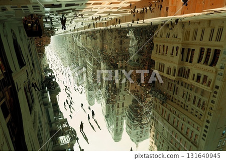 Gravity-defying cityscape where people walk on walls in an extraordinary urban environment 131640945