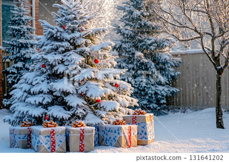 Snowy outdoor Christmas tree with red ornaments and wrapped gifts below Snowy outdoor Christmas tree with red ornaments and wrapped gifts below 131641202