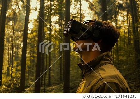 Man using virtual reality headset in a dense forest during a calm afternoon 131641233