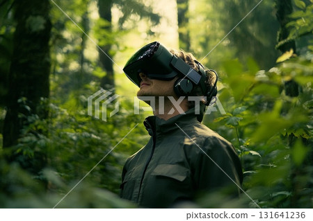 Man using virtual reality headset in a dense forest during a calm afternoon 131641236
