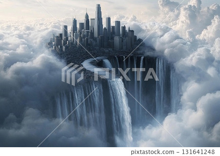 City of clouds with majestic waterfalls cascading into the abyss under a serene sky at twilight City of clouds with majestic waterfalls cascading into the abyss under a serene sky at twilight 131641248