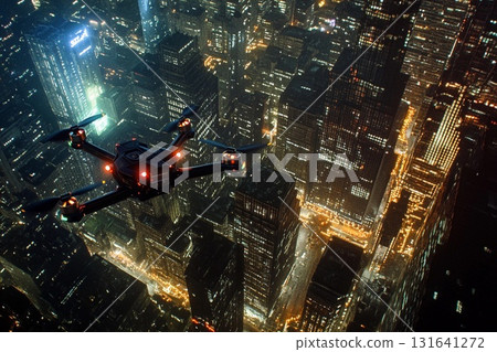 Drone equipped with lighting effects soaring above a vibrant night cityscape with stunning skyline views and glowing buildings Drone equipped with lighting effects soaring above a vibrant night cityscape with stunning skyline views and glowing buildings 131641272