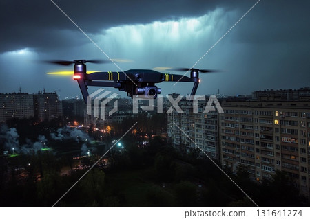 Drone equipped with lighting effects soaring above a vibrant night cityscape with stunning skyline views and glowing buildings Drone equipped with lighting effects soaring above a vibrant night cityscape with stunning skyline views and glowing buildings 131641274