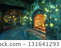 Underwater oven surrounded by magical fireflies illuminating the ancient walls in a mystical setting 131641293