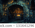 Underwater oven surrounded by magical fireflies illuminating the ancient walls in a mystical setting 131641296