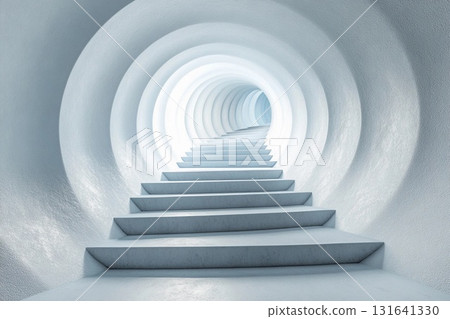 Steps lead into an endless circular tunnel creating a mysterious atmosphere with a sense of depth and intrigue 131641330