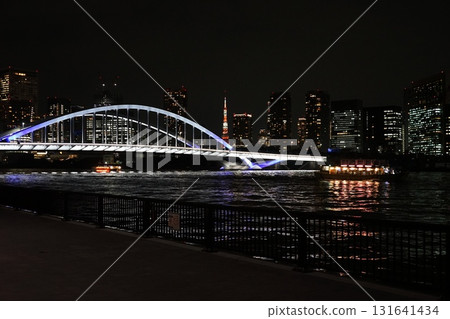Tsukiji Bridge shining on the Sumida River with Tokyo Tower in the background at night September 973 Central Night View: Tokyo Tower and Tsukiji Bridge Tsukiji Bridge shining on the Sumida River with Tokyo Tower in the background at night September 973 Central Night View: Tokyo Tower and Tsukiji Bridge 131641434