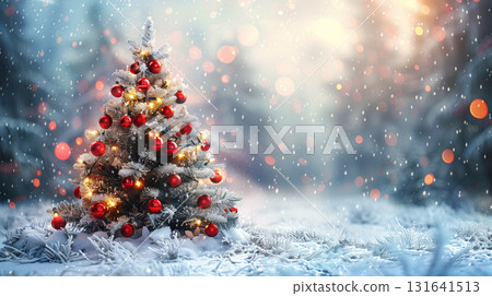 Beautiful Christmas tree with red ornaments and lights in snowy winter landscape 131641513