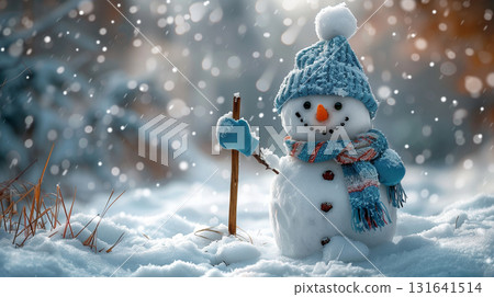Cute snowman with blue hat and scarf standing in snowy winter Christmas landscape Cute snowman with blue hat and scarf standing in snowy winter Christmas landscape 131641514