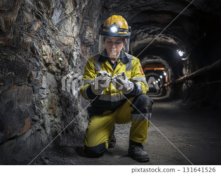 Miner Wearing Safety Helmet And Protective Clothing Inspecting Ore In Underground Mine Tunnel 131641526