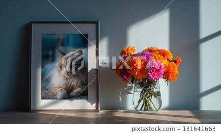 Cozy Cat Portrait with Vibrant Flowers in Sunlit Room Decor 131641663